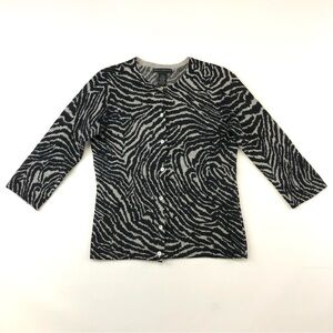 Sarah Spencer zebra black grey lambs wool angora round neck fitted cardigan S
